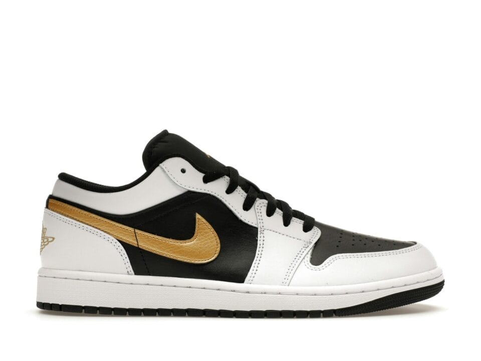 Jordan 1 Low White Black Metallic Gold Swoosh Leather Trainers - 553558-172