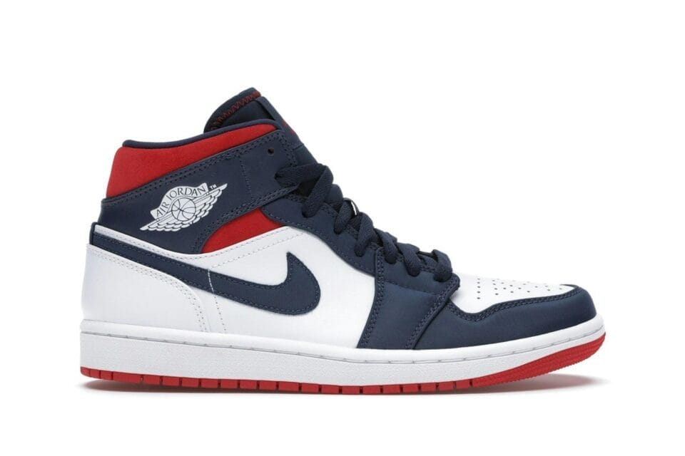 Jordan 1 Mid SE USA Leather Trainers - White/Varsity Red/Midnight Navy - 852542-104